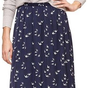 Gap elastic-waist midi skirt, Navy w/ birds